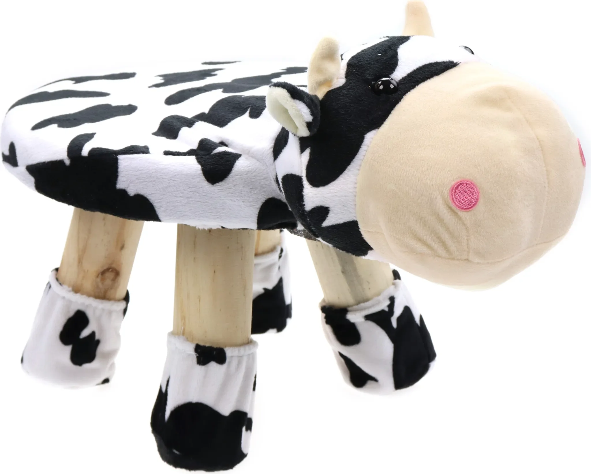 Kinderhocker „Kuh“ – Plüschbezug & Holzbeine, 47 × 20 × 27 cm