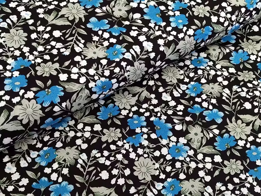 Baumwollstoff Popeline Blumen Aqua Schwarz