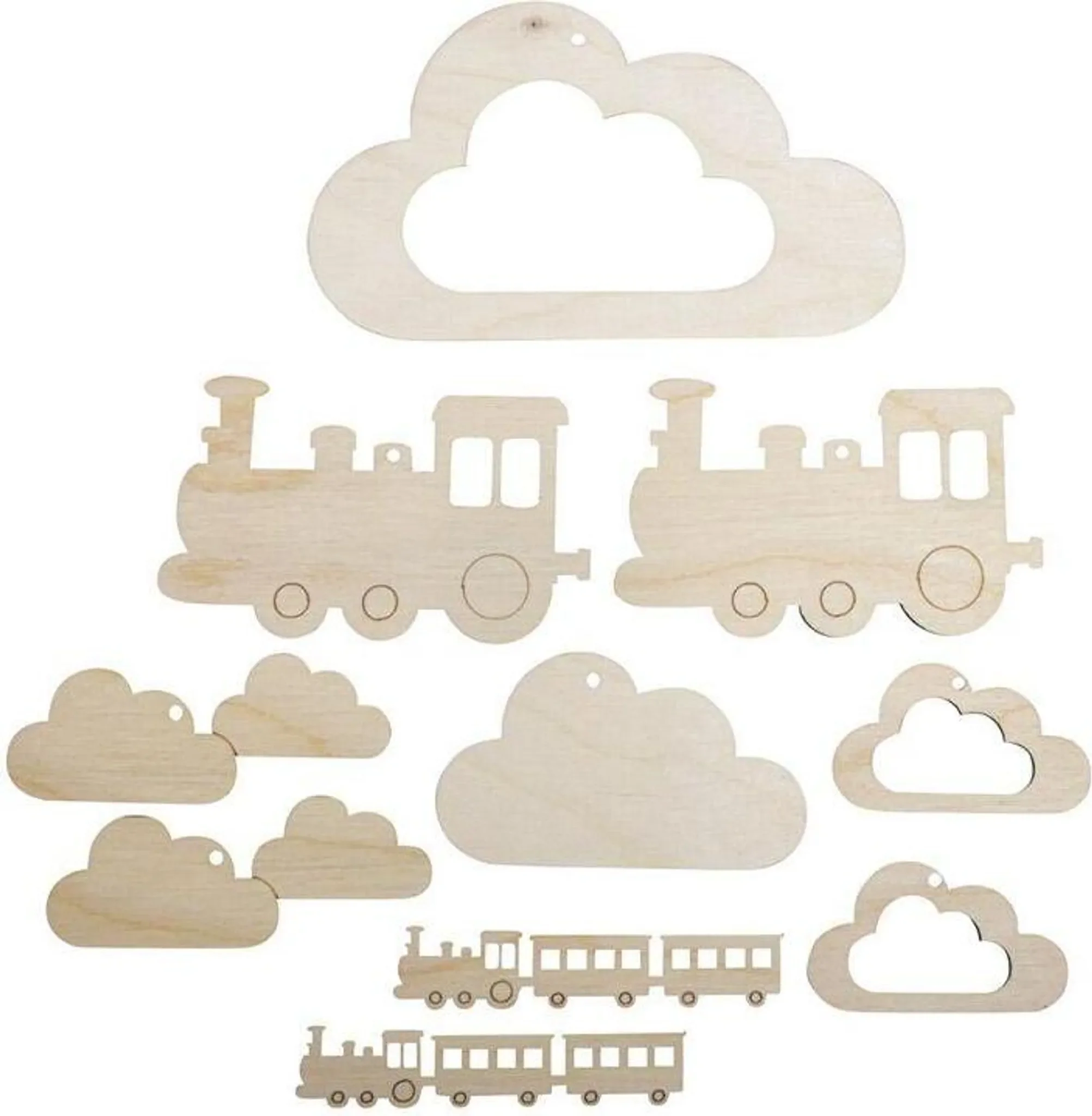 Holzornamente „TRAIN“ – Anhänger für Baby-Mobile, 10-teilig