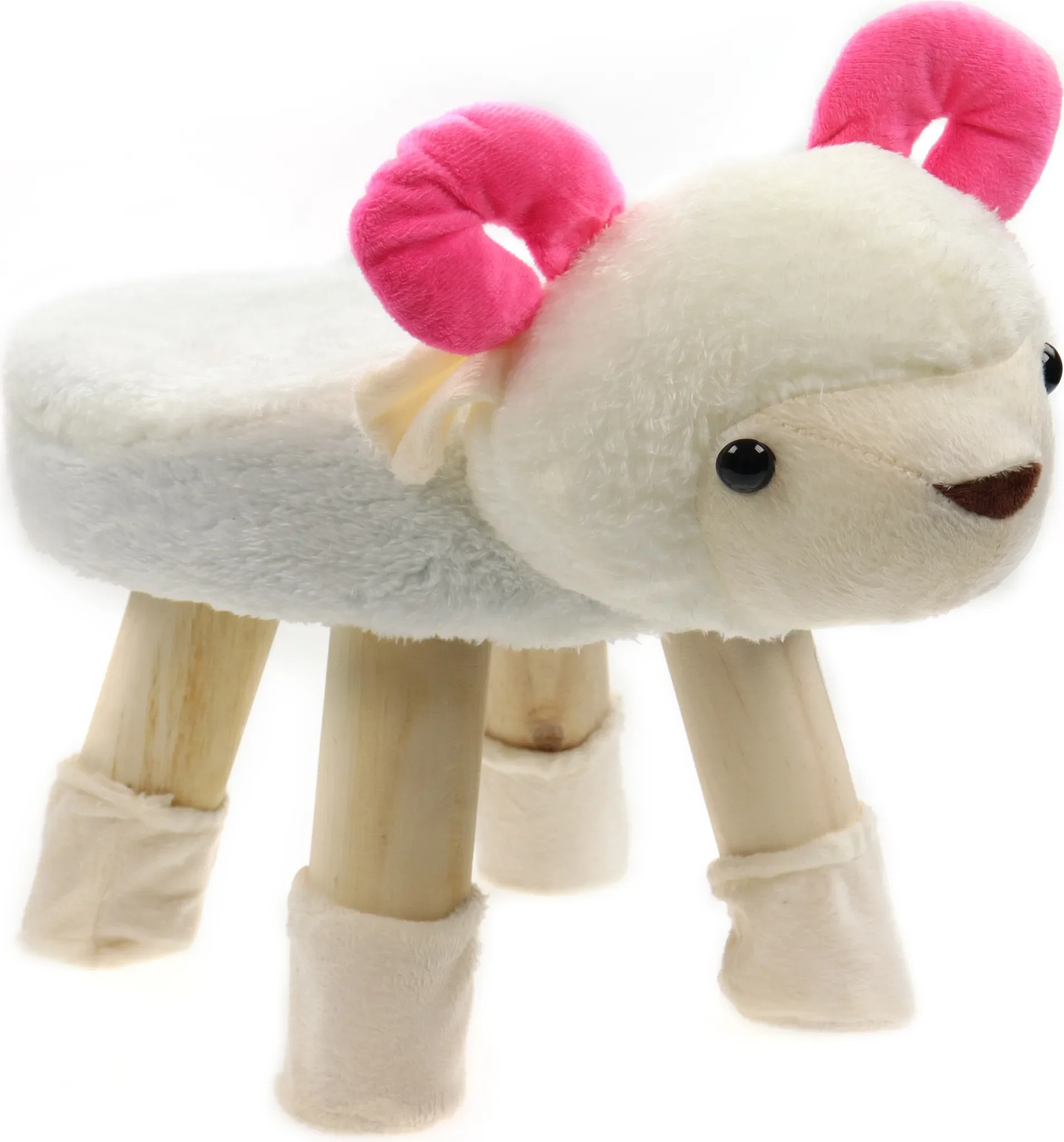 Kinderhocker „Steinbock/Widder/Schaf“ – Plüschbezug & Holzbeine, 47 × 20 × 27 cm